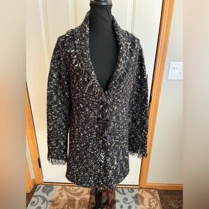 Mercer & Madison black tweed acrylic alpaca mohair blend fringe cardigan. Medium